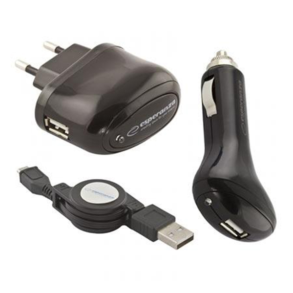USB punjaci + microUSB kabl ESPERANZA, 3in1 set, DC 12-24V, AC 100-240V, out 5V/1000mA, EZ116