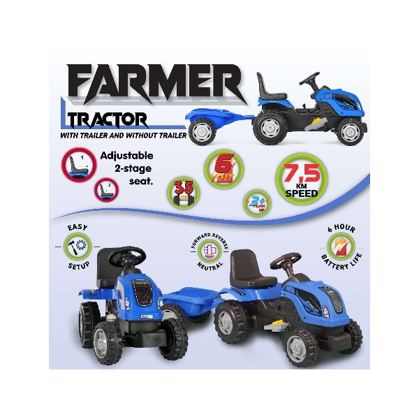 Traktor na akumulator sa prikolicom 6V plavi Farmer 309628