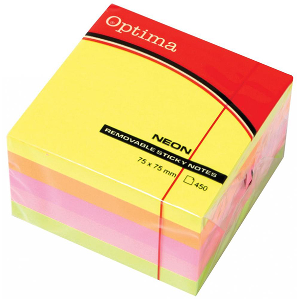 Kocka papir samolepljivi 75X75mm neon mix Optima 22937